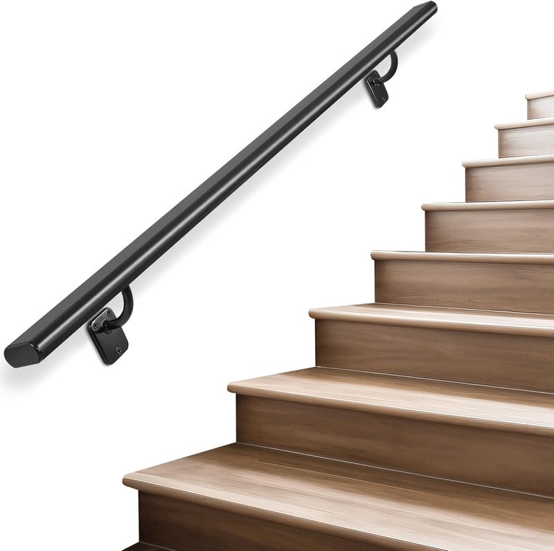 SDNBHT Industrial Stair Handrail Wall-Mounted Hand Rails for Indoor Stairs Black Pipe Stair Railing Indoor Metal Hand Rail for Indoor & Outdoor Steps Aluminum Staircase Handrail for Stairs 4FT - Image 1